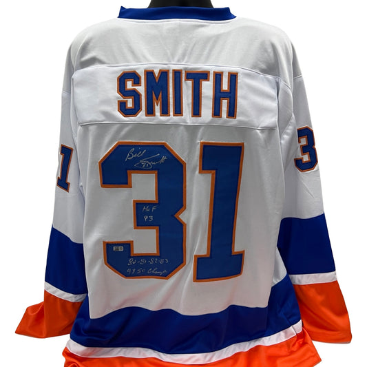 Billy Smith Autographed New York Islanders White Jersey "HOF 93, SC Champs 80 81 82 83" Inscriptions Steiner CX