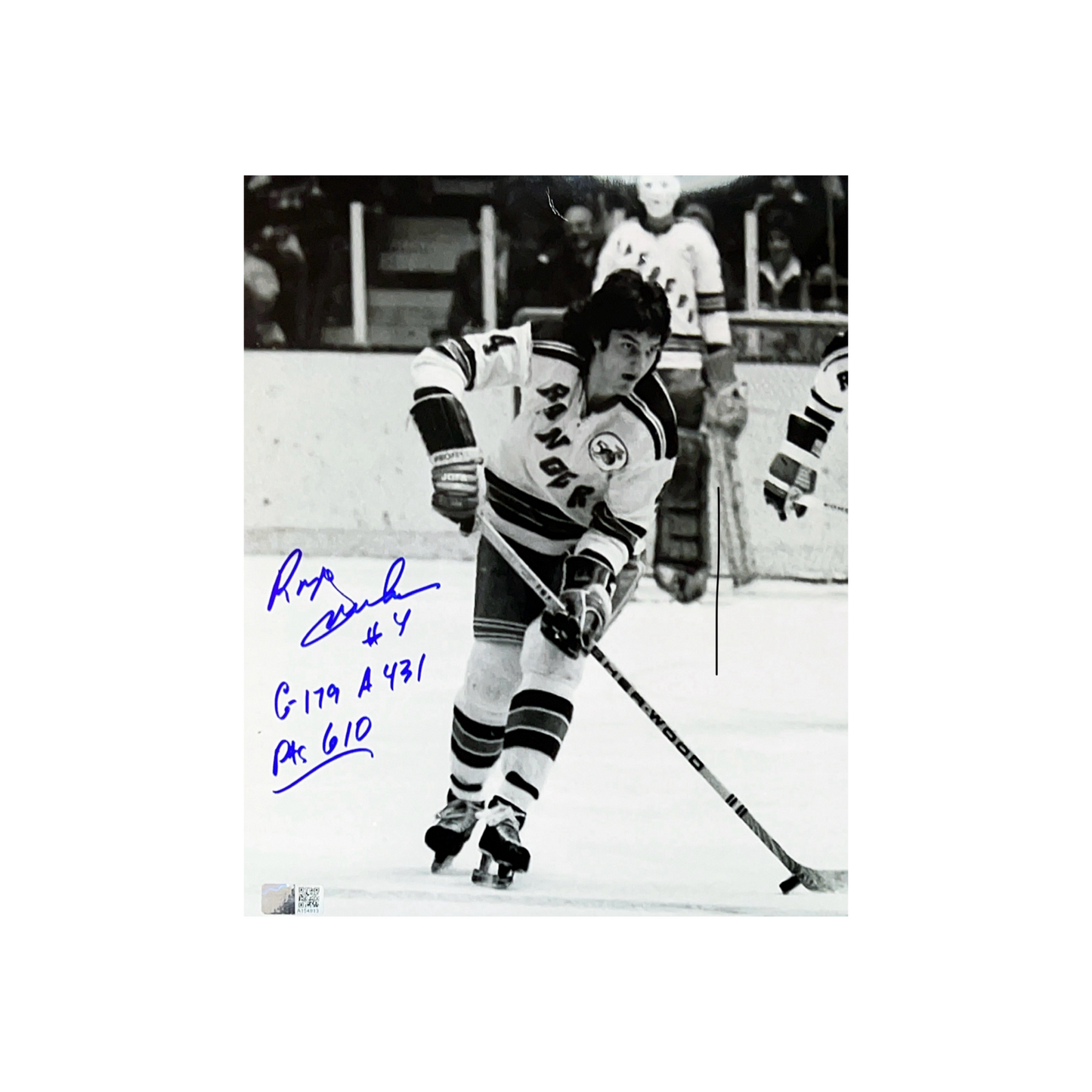 Ron Greschner Autographed New York Rangers B&W Skating 8x10 “G-179, A-431, Pts-610” Inscriptions Steiner CX