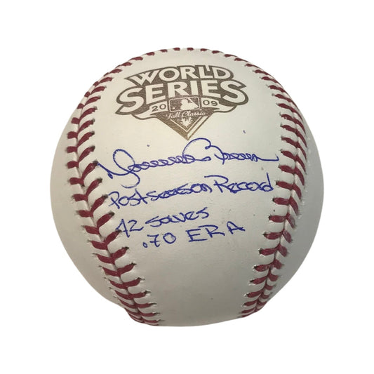 Mariano Rivera Autographed New York Yankees 2009 World Series Logo Baseball Postseason Record, 42 Saves, .70 ERA Inscriptions Steiner CX