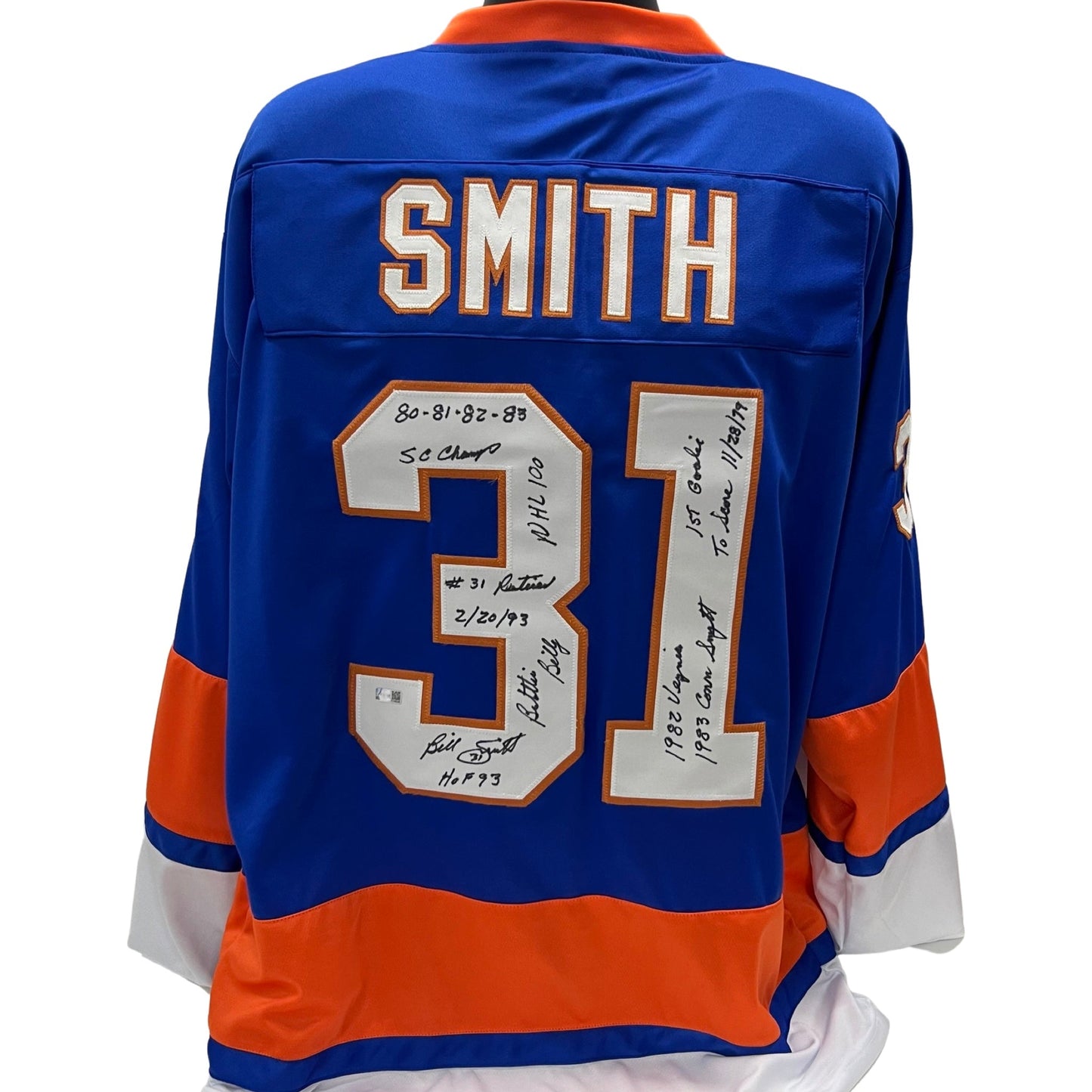Billy Smith Autographed New York Islanders Blue Jersey "HOF 93, SC Champs 80 81 82 83, NHL 100, #31 Retired 2/20/93, Battlin Billy, 1st Goalie to score 11/28/79, 1982 Vezina Trophy, 1983 Conn Smythe" Inscriptions Steiner CX