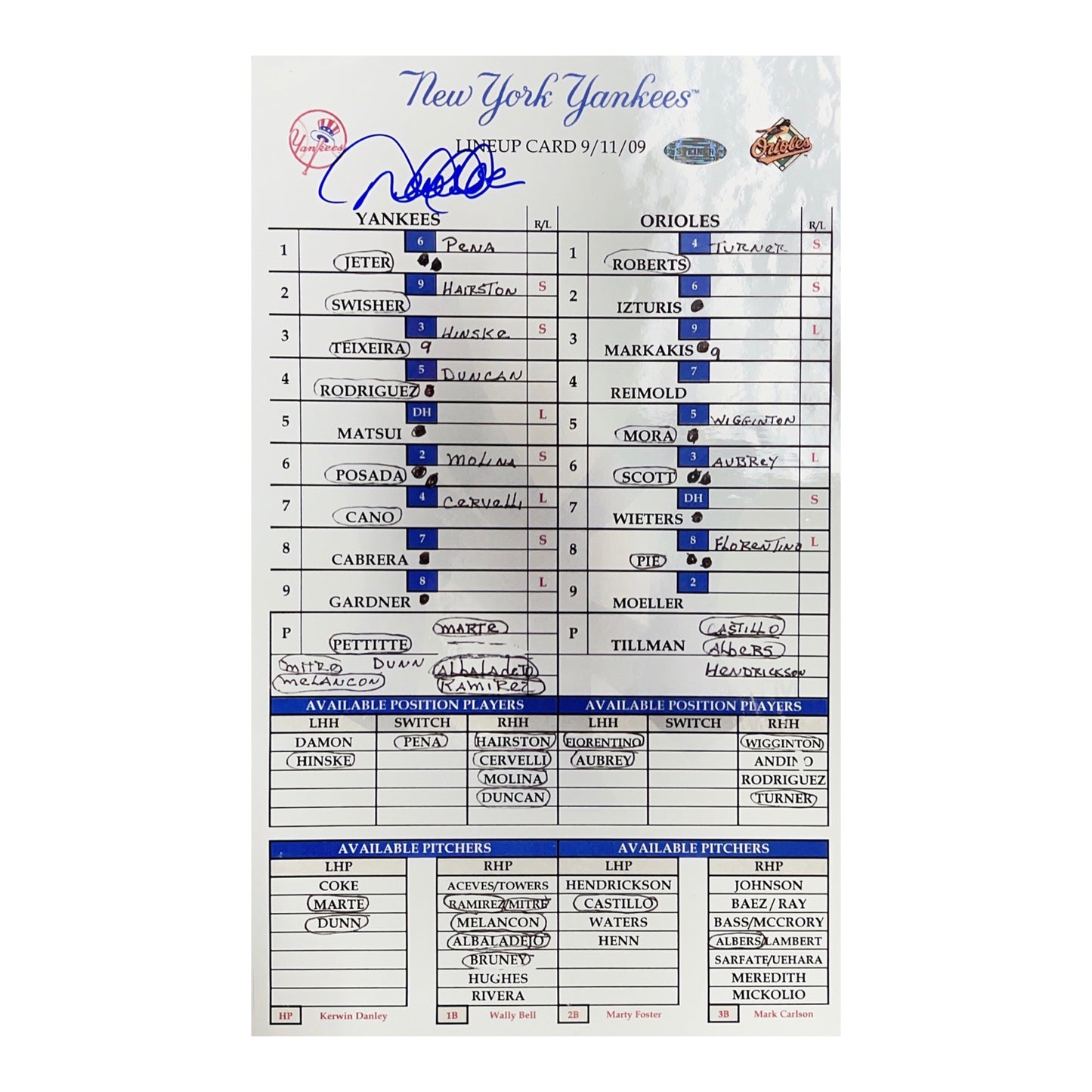 Derek Jeter Autographed New York Yankees Replica 9/11/09 Lineup Card Steiner