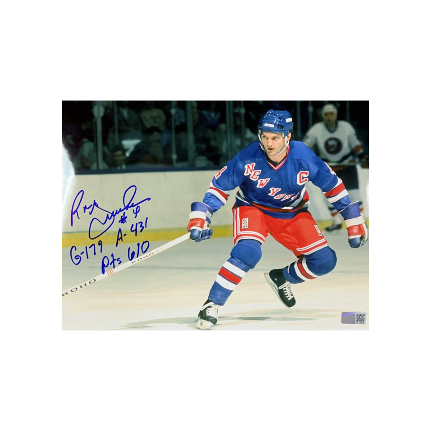 Ron Greschner Autographed New York Rangers Blue Jersey 8x10 “G-179, A-431, Pts-610” Inscriptions Steiner CX