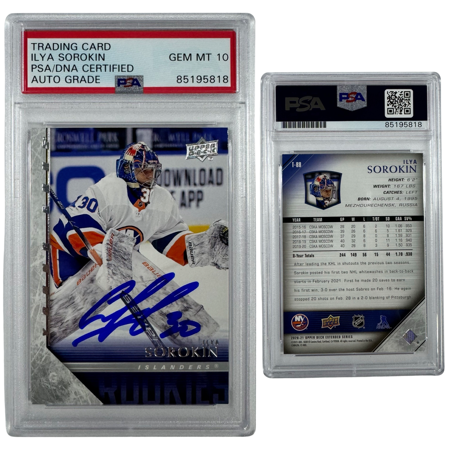 2020-21 Ilya Sorokin Autographed Upper Deck Extended Series Young Guns #T-88 PSA Auto GEM MT 10