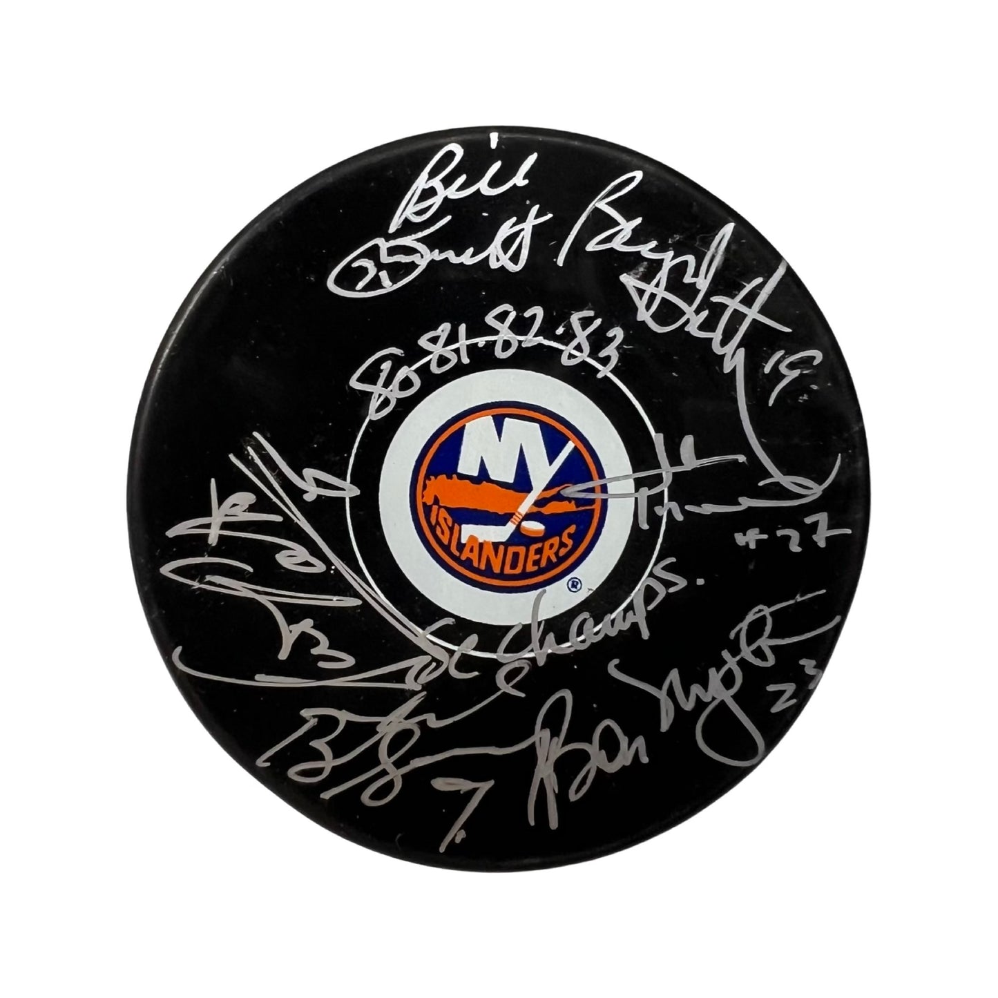 Billy Smith, Bryan Trottier, Denis Potvin, Butch Goring, Bob Nystrom & John Tonneli Autographed New York Islanders Replica Puck "80 81 82 83 SC Champs" Inscription Steiner CX