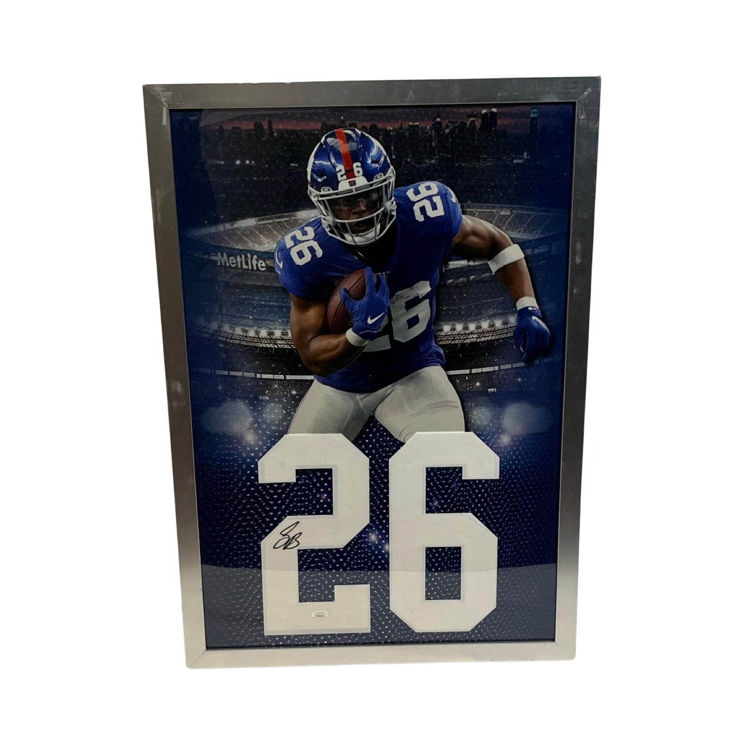 Saquon Barkley Autographed New York Giants Framed Jersey Number 20x30 Silver Frame JSA