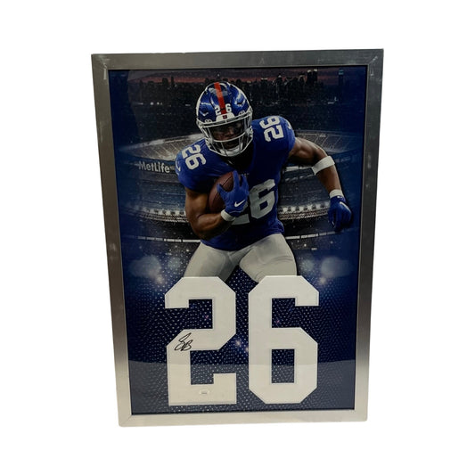 Saquon Barkley Autographed New York Giants Framed Jersey Number 20x30 Silver Frame JSA