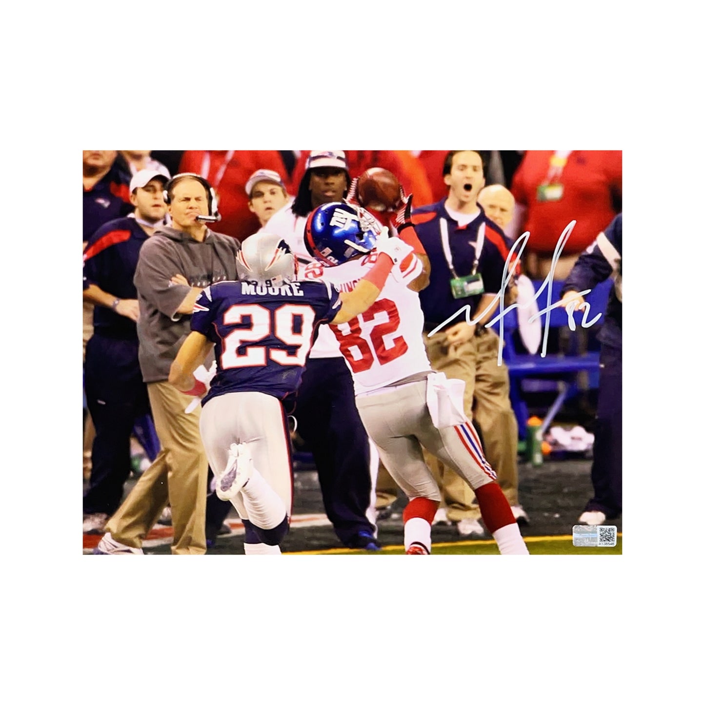 Mario Manningham Autographed New York Giants Super Bowl Sideline Catch Back Horizontal 8x10 Steiner CX