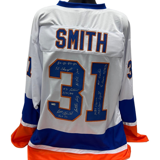 Billy Smith Autographed New York Islanders White Jersey "HOF 93, SC Champs 80 81 82 83, NHL 100, #31 Retired 2/20/93, Battlin Billy, 1st Goalie to score 11/28/79, 1982 Vezina Trophy, 1983 Conn Smythe" Inscriptions Steiner CX