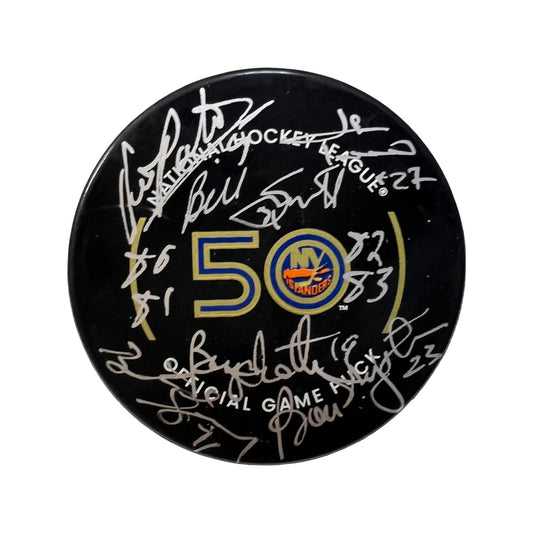 Billy Smith, Bryan Trottier, Denis Potvin, Butch Goring, Bob Nystrom & John Tonneli Autographed New York Islanders Official Game Puck "80 81 82 83" Inscription Steiner CX