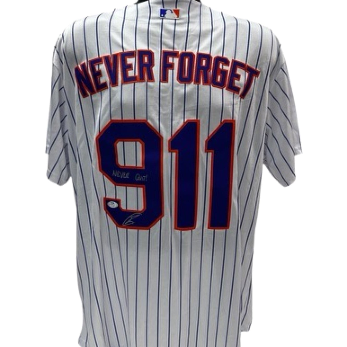 Robert O’Neill Autographed New York Mets Never Forget 9/11 Pinstripe Jersey NEVER Quit Inscription PSA