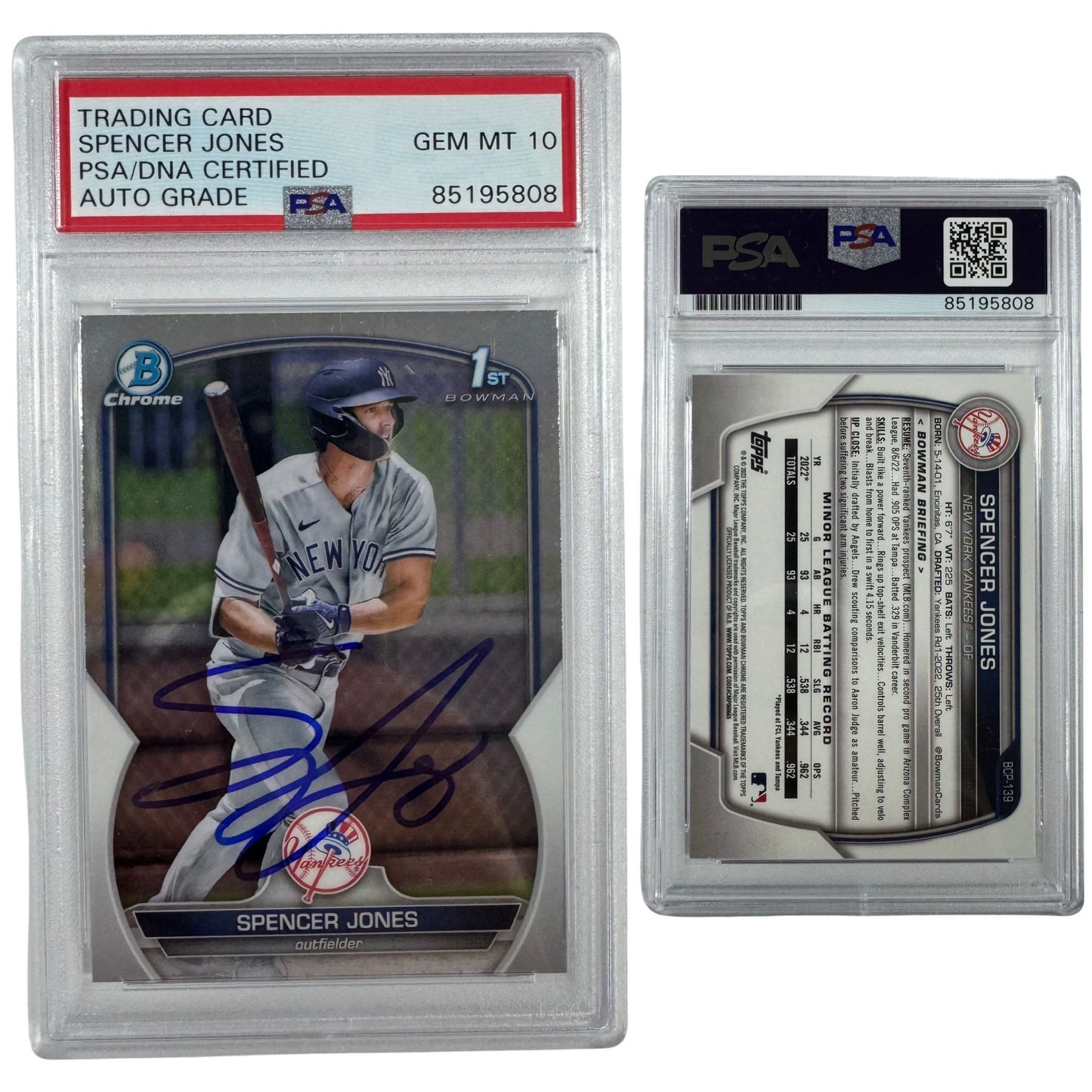 2023 Spencer Jones Autographed Bowman Chrome 1st #BCP-139 PSA Auto GEM MT 10