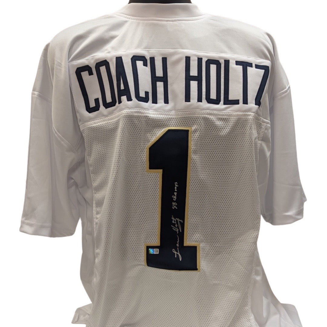 Lou Holtz Autographed Notre Dame Fighting Irish White #1 Jersey 88 Champs Inscription Beckett BAS