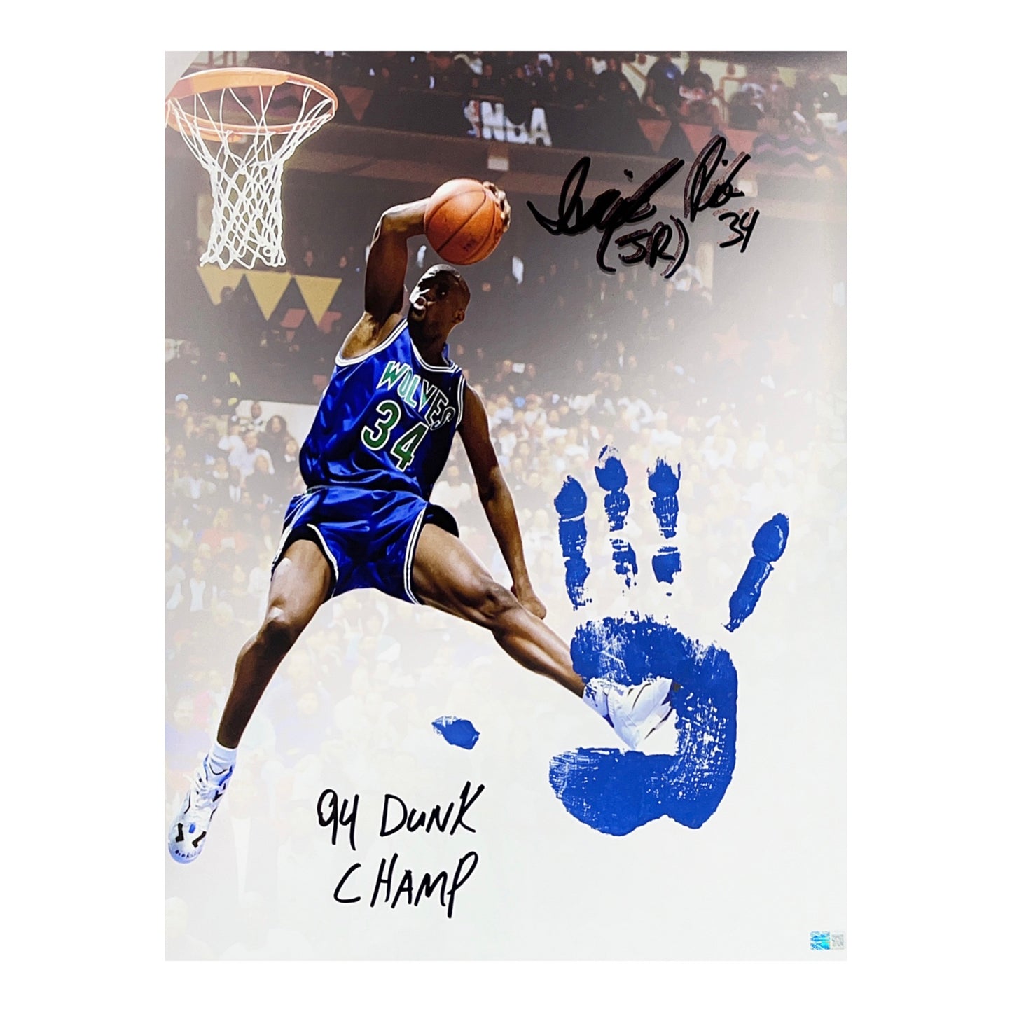 Isaiah “JR” Rider Autographed Minnesota Timberwolves Dunk Contest 16x20 w/ Handprint “94 Dunk Champ” Inscription Steiner CX