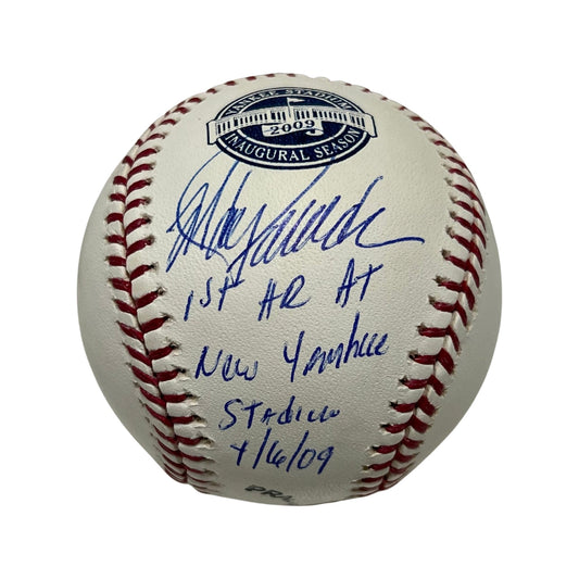 Jorge Posada Autographed New York Yankees Yankee Stadium Inaugural Season Logo Baseball Practice Stamped 1st HR at New Yankee Stadium 4/16/09 Inscription JSA