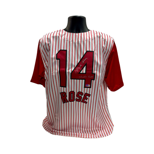 Pete Rose Autographed Cincinnati Reds "Charlie Hustle" Inscribed White Pinstripe Jersey Beckett BAS