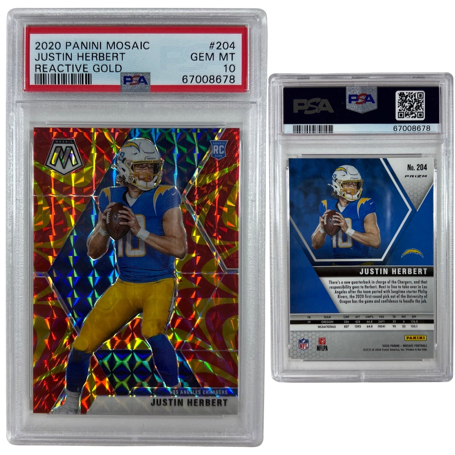 2020 Justin Herbert Panini Mosaic Reactive Gold Rookie Card #204 PSA GEMMT 10