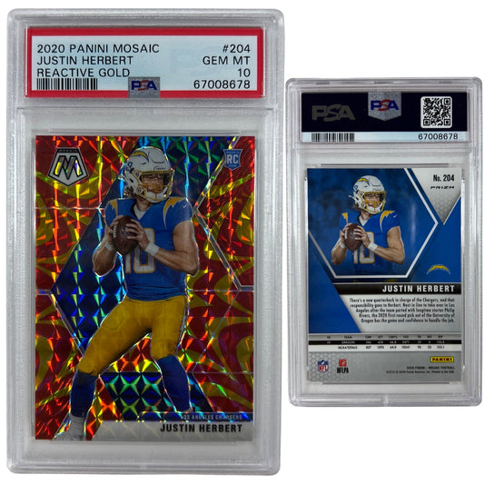 2020 Justin Herbert Panini Mosaic Reactive Gold Rookie Card #204 PSA GEMMT 10