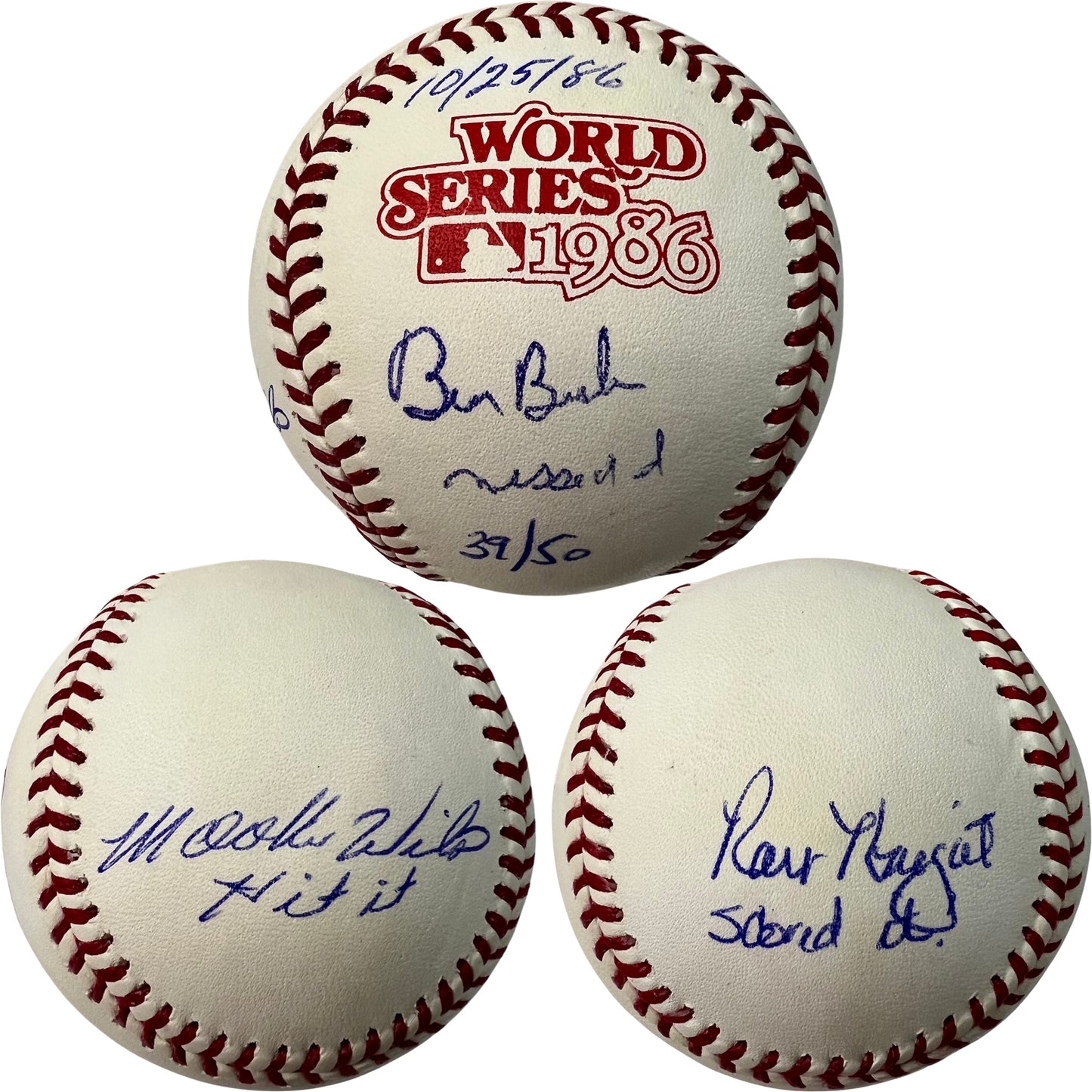 Bill Buckner, Mookie Wilson & Ray Knight Autographed New York Mets 1986 World Series Logo Baseball “Hit it, Missed it, Scored it, 10/25/86” Inscriptions JSA