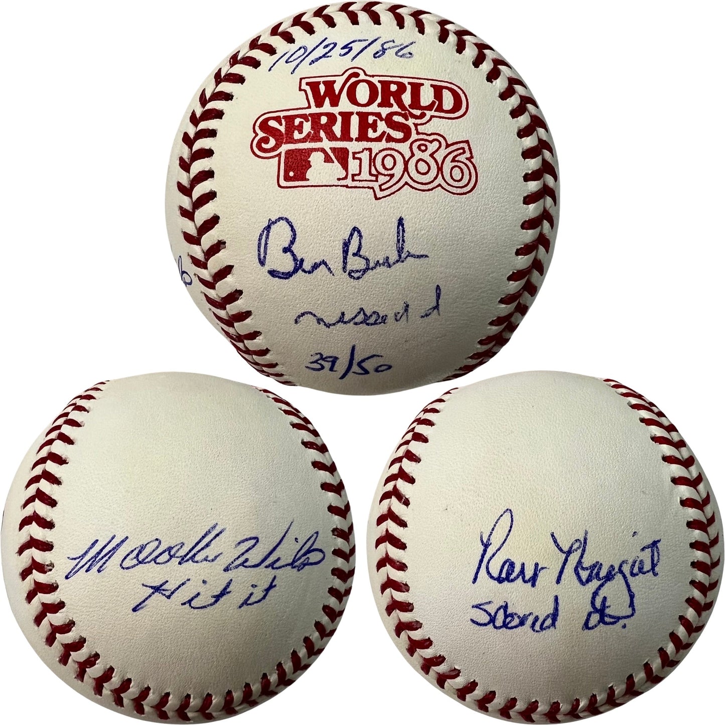 Bill Buckner, Mookie Wilson & Ray Knight Autographed New York Mets 1986 World Series Logo Baseball Hit it, Missed it, Scored it, 10/25/86 Inscriptions JSA