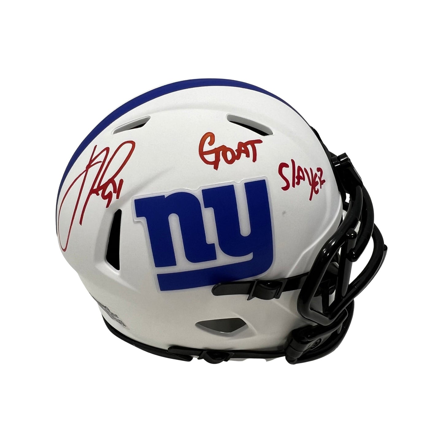 Justin Tuck Autographed New York Giants Lunar Eclipse Mini Helmet Goat Slayer Inscription JSA