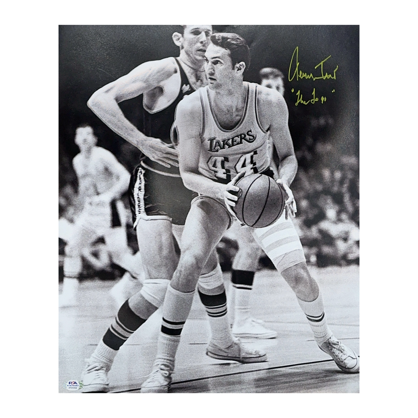 Jerry West Autographed Los Angeles Lakers B&W Vertical 16x20 The Logo Inscription PSA