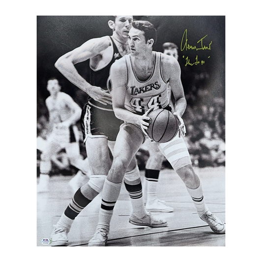Jerry West Autographed Los Angeles Lakers B&W Vertical 16x20 The Logo Inscription PSA