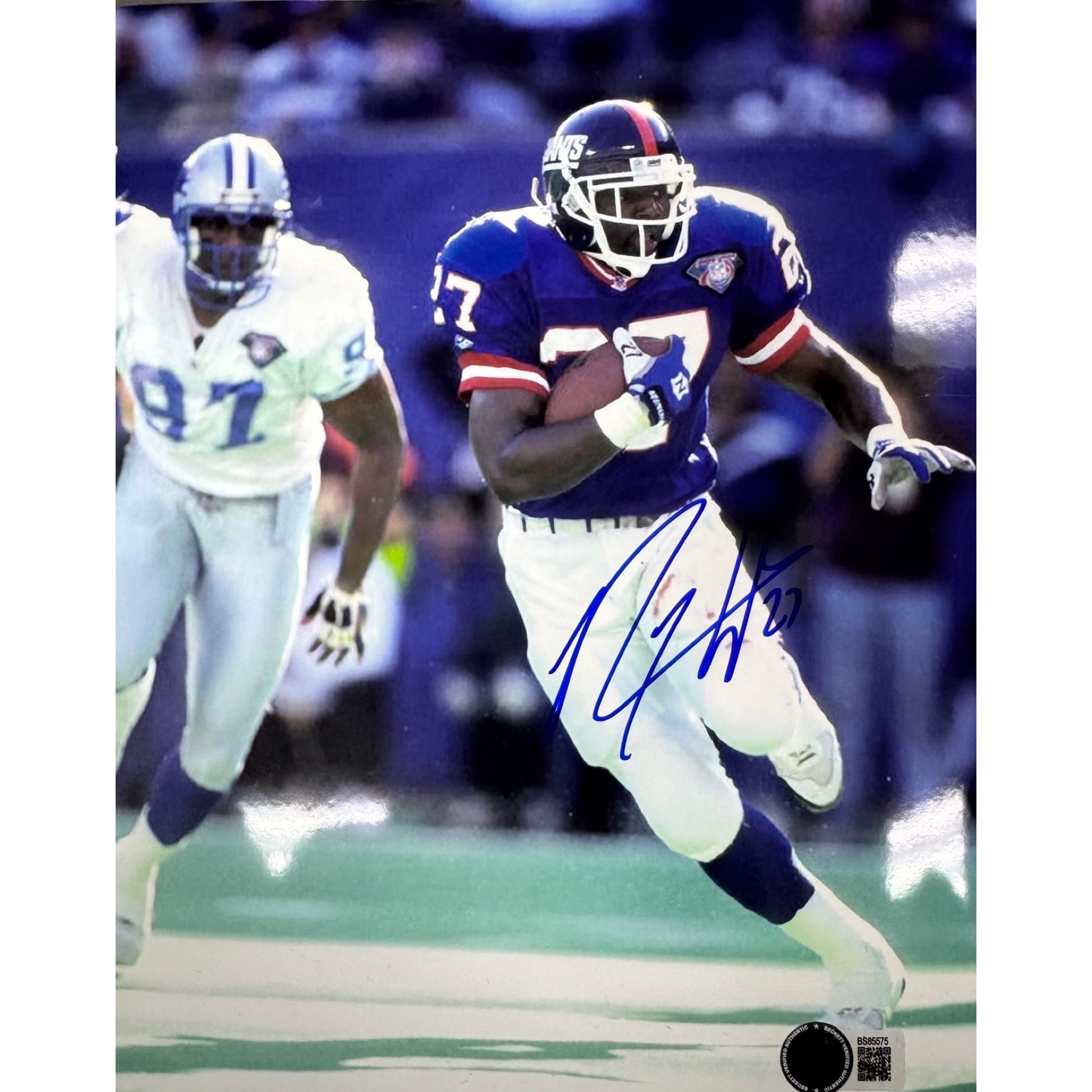 Rodney Hampton New York Giants Running Blue Jersey 8X10 Beckett BAS