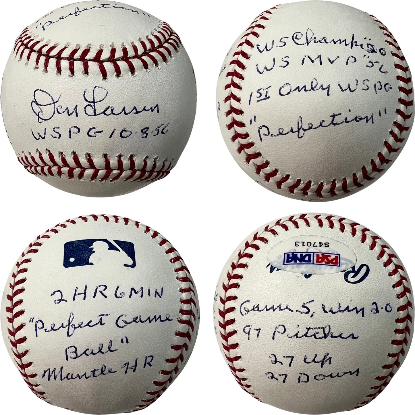 Don Larsen Autographed New York Yankees OMLB WSPG 10.8.56, WS Champs 56, WS MVP 56, 1st Only WSPG, Perfection, 2 HR, 6 Min, Perfect Game Ball, Mantle HR, Game 5 Win 2-0, 97 Pitches, 27 Up, 27 Down Inscriptions PSA