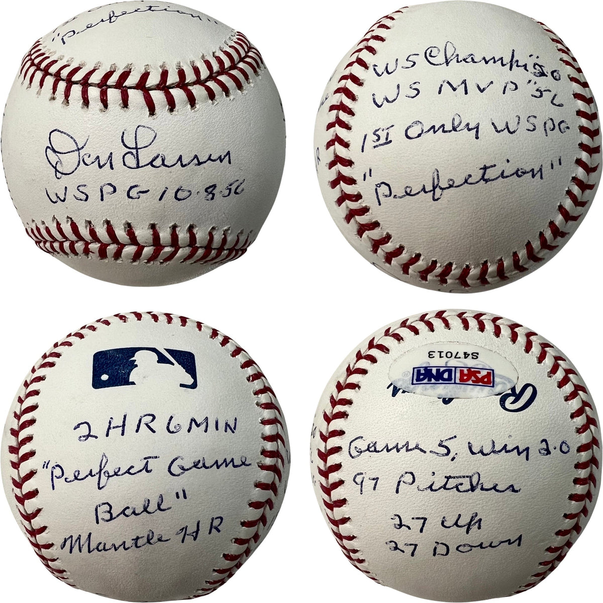 Don Larsen Autographed New York Yankees OMLB WSPG 10.8.56, WS Champs 56, WS MVP 56, 1st Only WSPG, Perfection, 2 HR, 6 Min, Perfect Game Ball, Mantle HR, Game 5 Win 2-0, 97 Pitches, 27 Up, 27 Down Inscriptions PSA