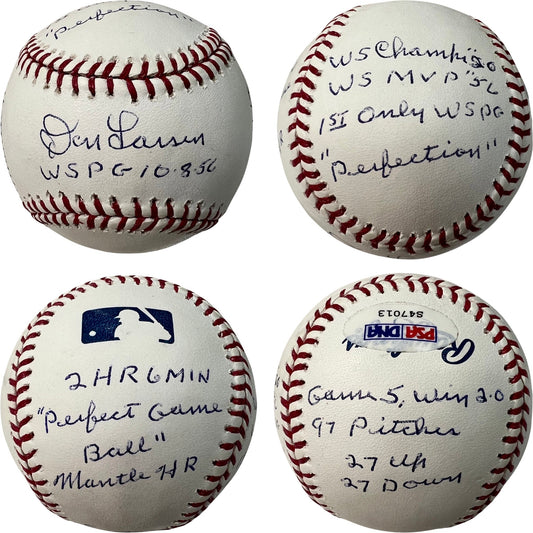 Don Larsen Autographed New York Yankees OMLB WSPG 10.8.56, WS Champs 56, WS MVP 56, 1st Only WSPG, Perfection, 2 HR, 6 Min, Perfect Game Ball, Mantle HR, Game 5 Win 2-0, 97 Pitches, 27 Up, 27 Down Inscriptions PSA