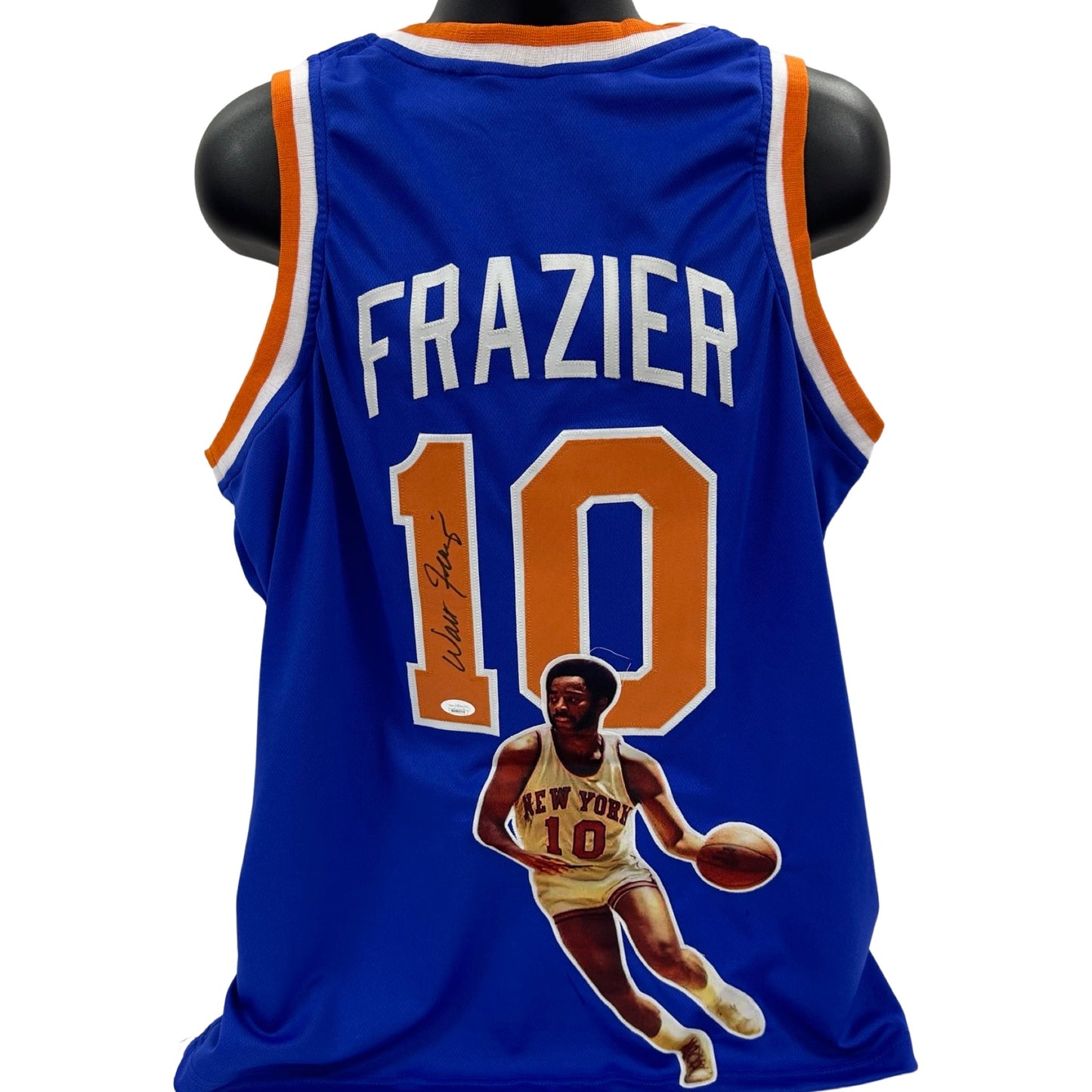 Walt Clyde Frazier Autographed New York Knicks Blue Art Jersey JSA