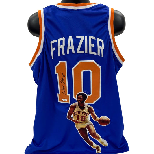 Walt Clyde Frazier Autographed New York Knicks Blue Art Jersey JSA