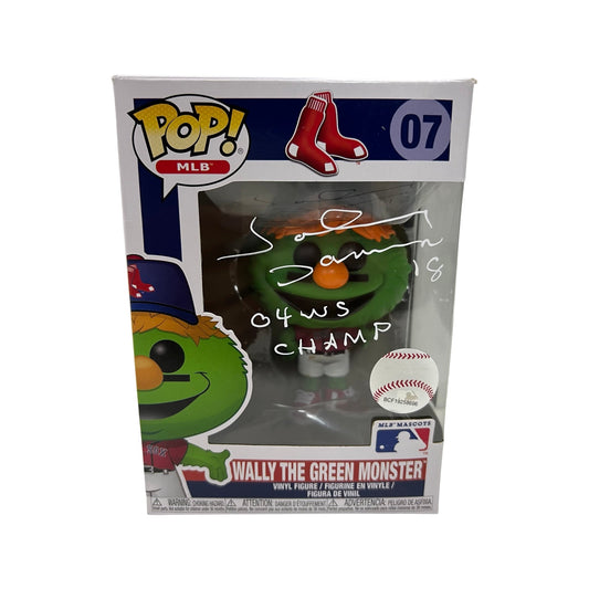 Johnny Damon Autographed Boston Red Sox Wally the Green Monster Funko Pop 04 WS Champ Inscription White Ink Steiner CX