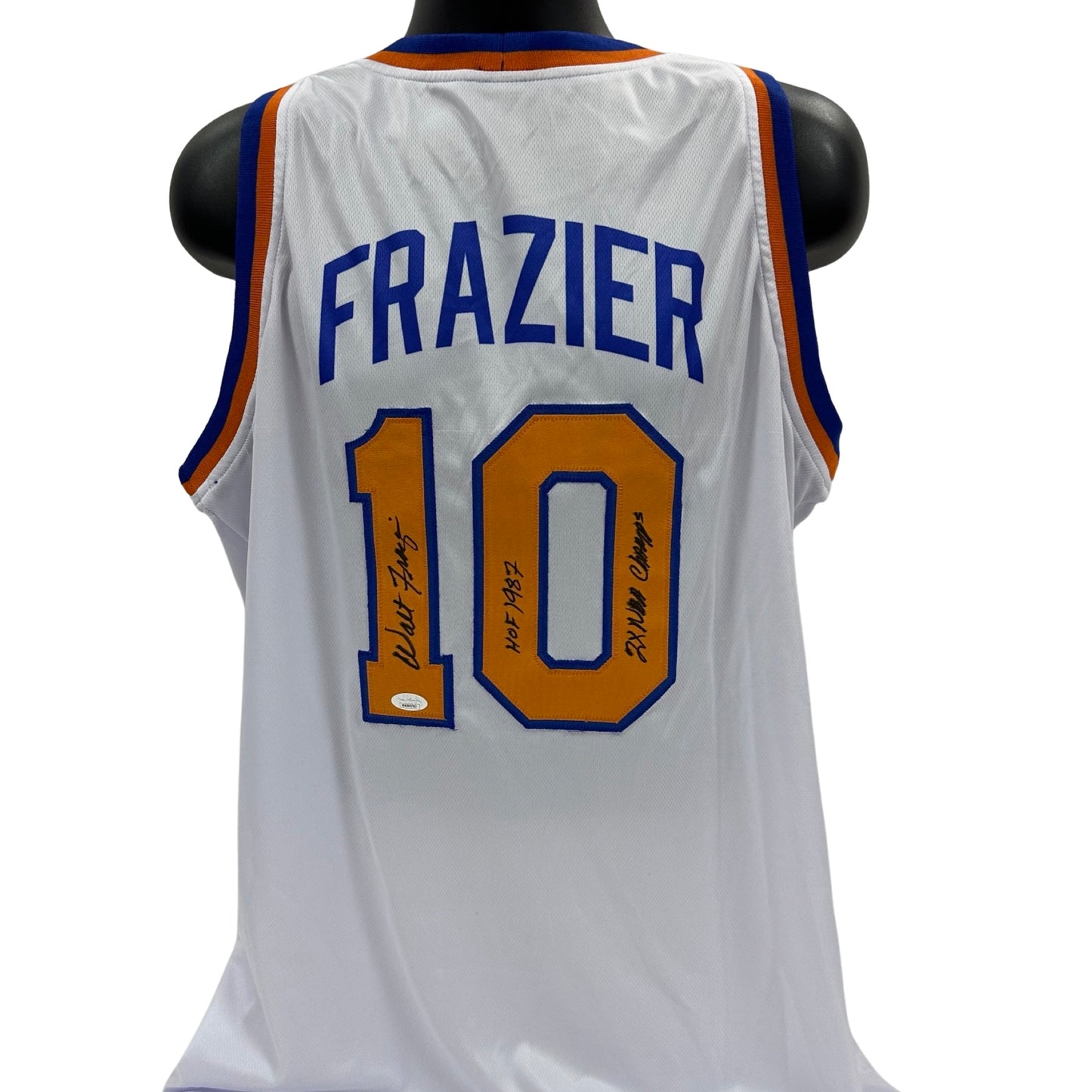 Walt “Clyde” Frazier Autographed New York Knicks White Jersey “HOF 1987, 2x NBA Champ” Inscriptions JSA