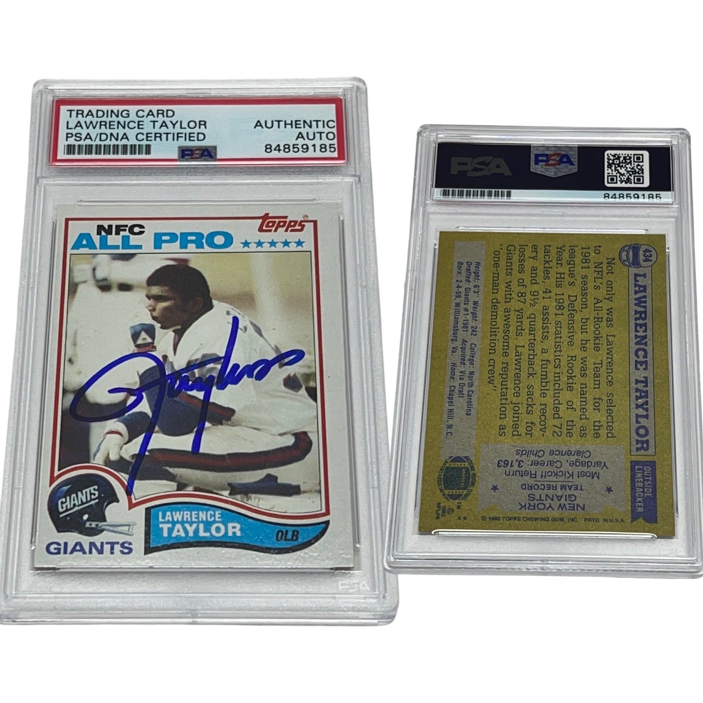 1982 Lawrence Taylor Topps NFC All Pro Rookie Card #434 Autographed PSA Auto Authentic
