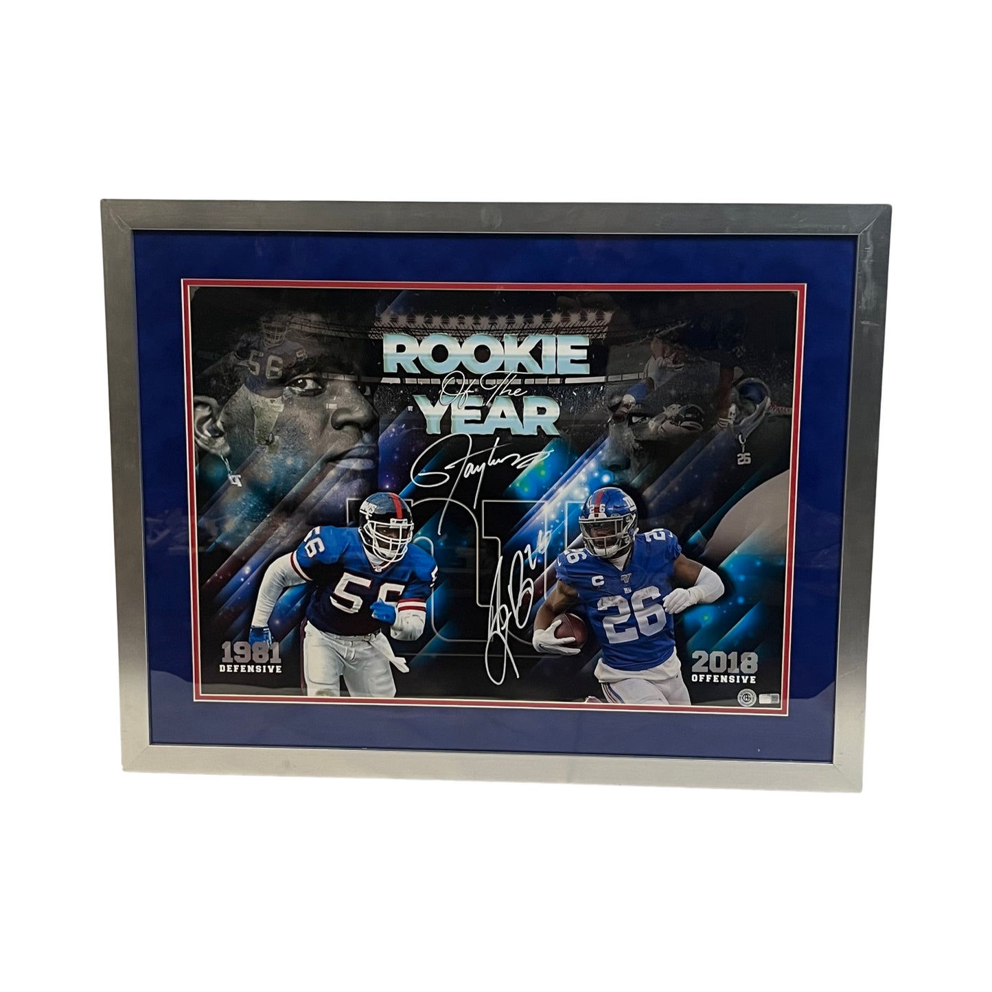 Lawrence Taylor & Saquon Barkley Autographed New York Giants Rookie of the Year Edit Framed 20x24 Steiner CX