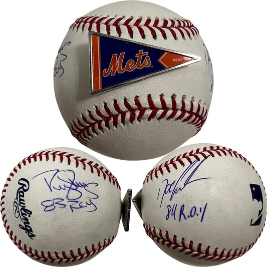 Doc Gooden & Darryl Strawberry Autographed New York Mets OMLB 83 ROY, 84 ROY Inscriptions w/ Pennant Pin JSA