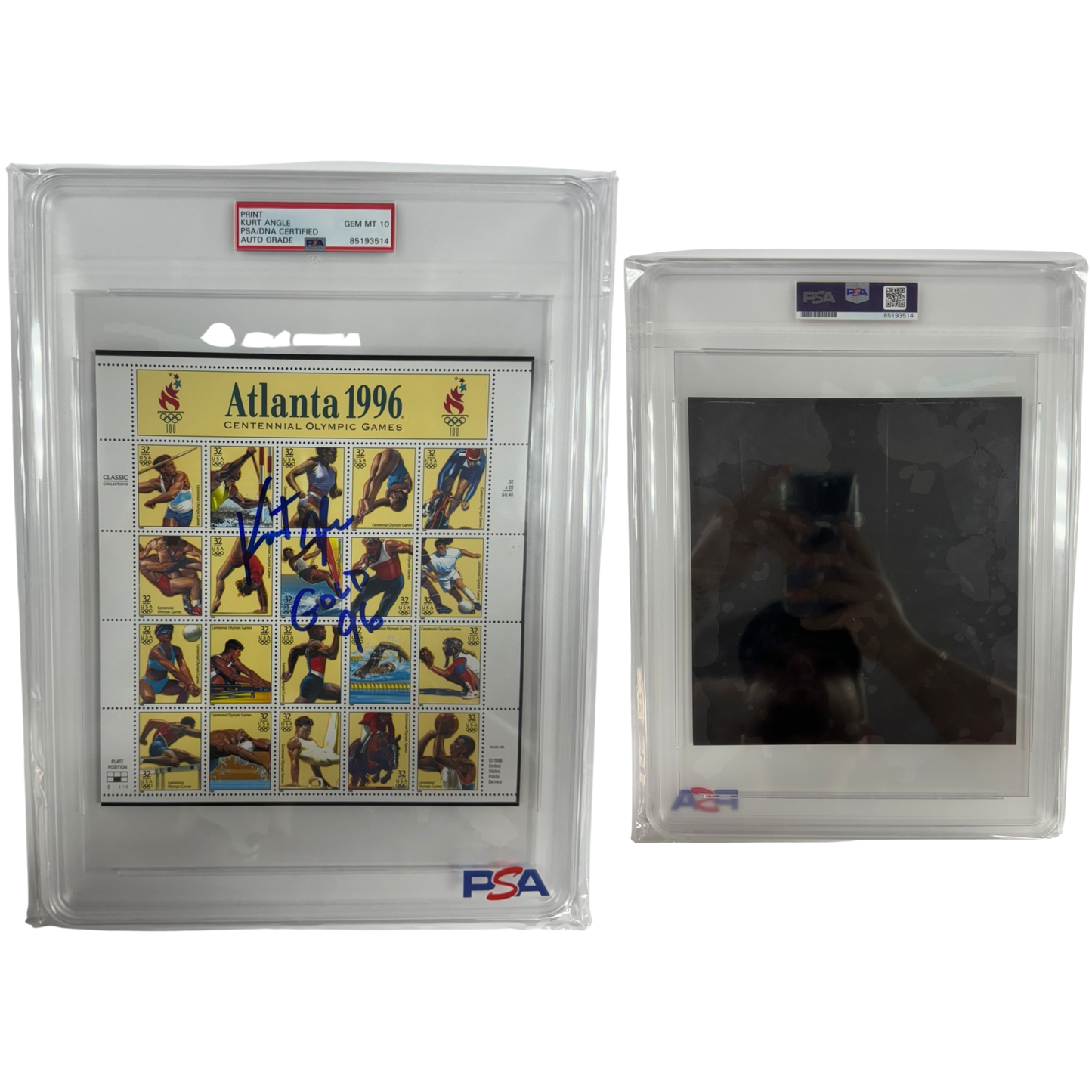Kurt Angle Autographed 1996 Atlanta Olympics Stamp Sheet Gold 96 Inscription PSA Auto GEM MT 10