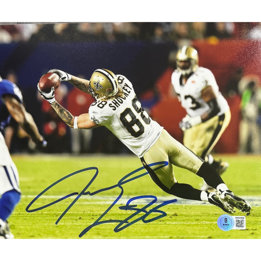 Jeremy Shockey New Orleans Saints White Jersey Catching Autographed 8x10 Photo BAS
