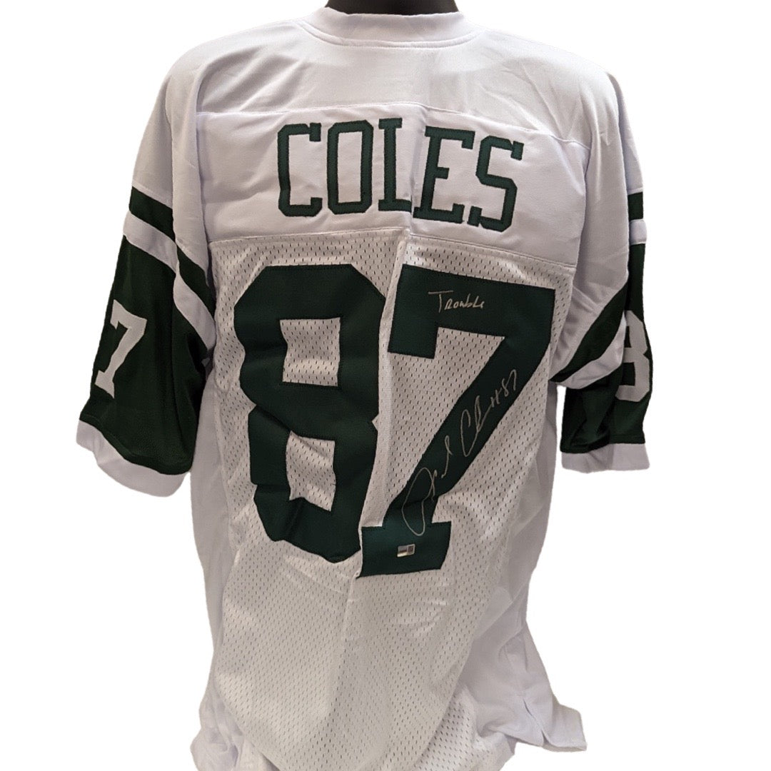 Laveranues Coles Autographed New York Jets White Jersey Trouble Inscription Steiner CX