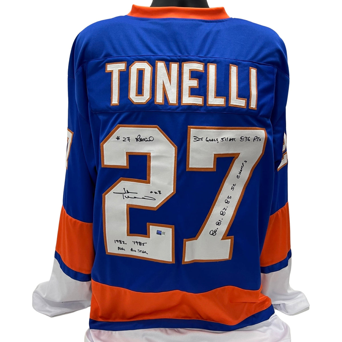 John Tonelli Autographed New York Islanders Blue Jersey "#27 Retired, 1982 1985 NHL All Star, 325 Goals 511 Assists 836 Points, 80 81 82 83 Champs" Inscriptions Steiner CX