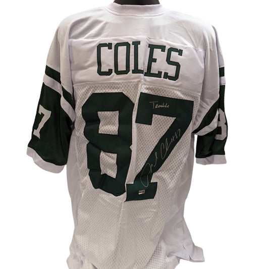 Laveranues Coles Autographed New York Jets White Jersey “Trouble” Inscription Steiner CX