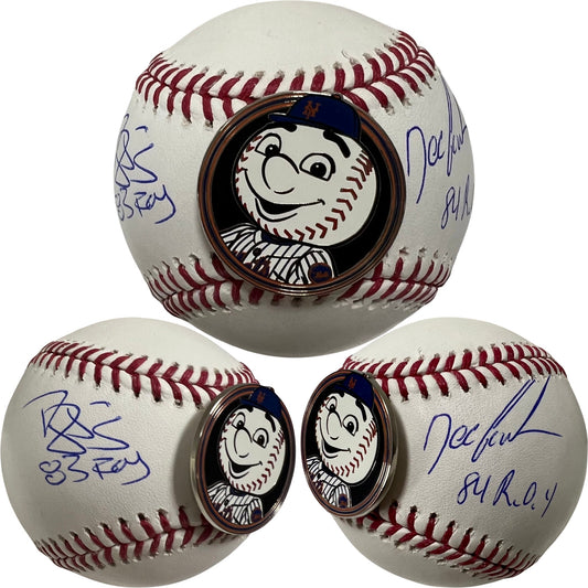 Doc Gooden & Darryl Strawberry Autographed New York Mets OMLB 83 ROY, 84 ROY Inscriptions w/ Mr. Met Pin JSA