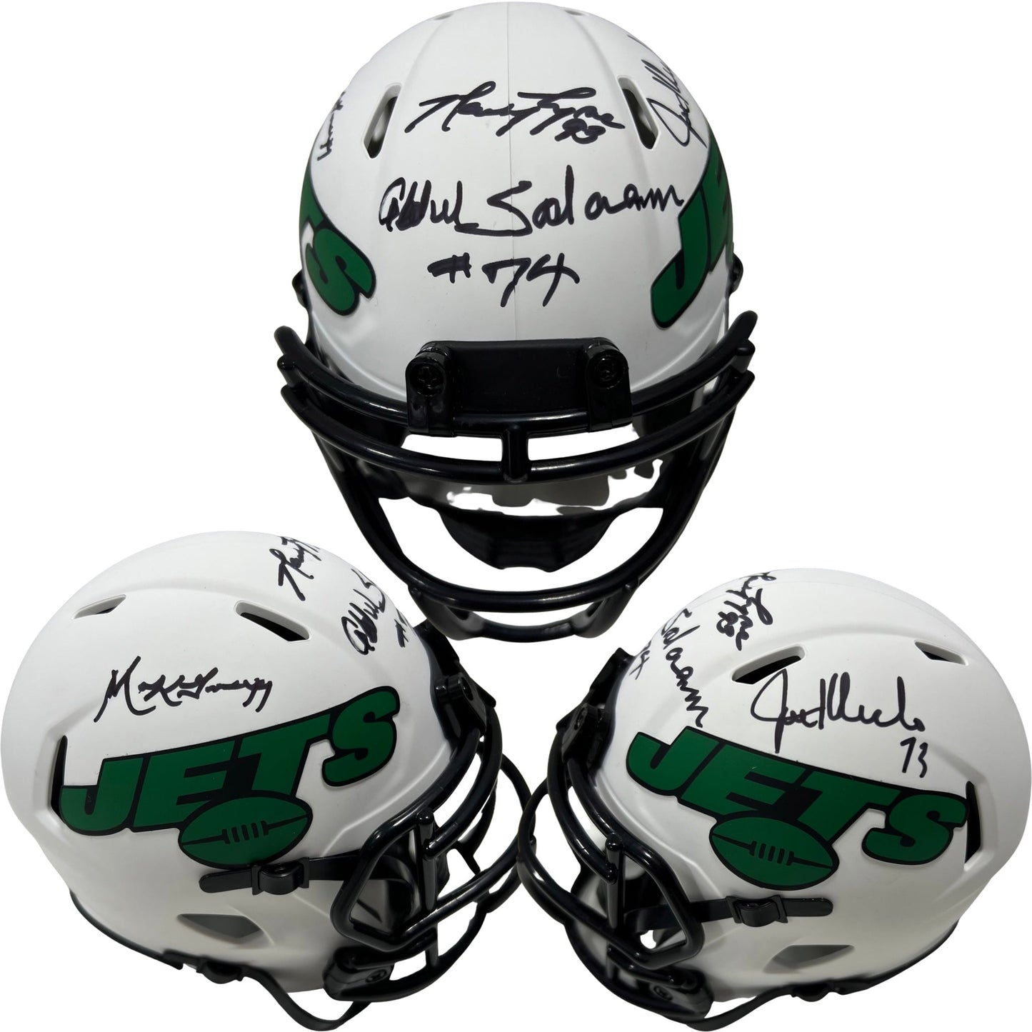 Mark Gastineau, Joe Klecko, Marty Lyons & Abdul Salaam Autographed New York Jets Sack Exchange Lunar Eclipse Mini Helmet JSA