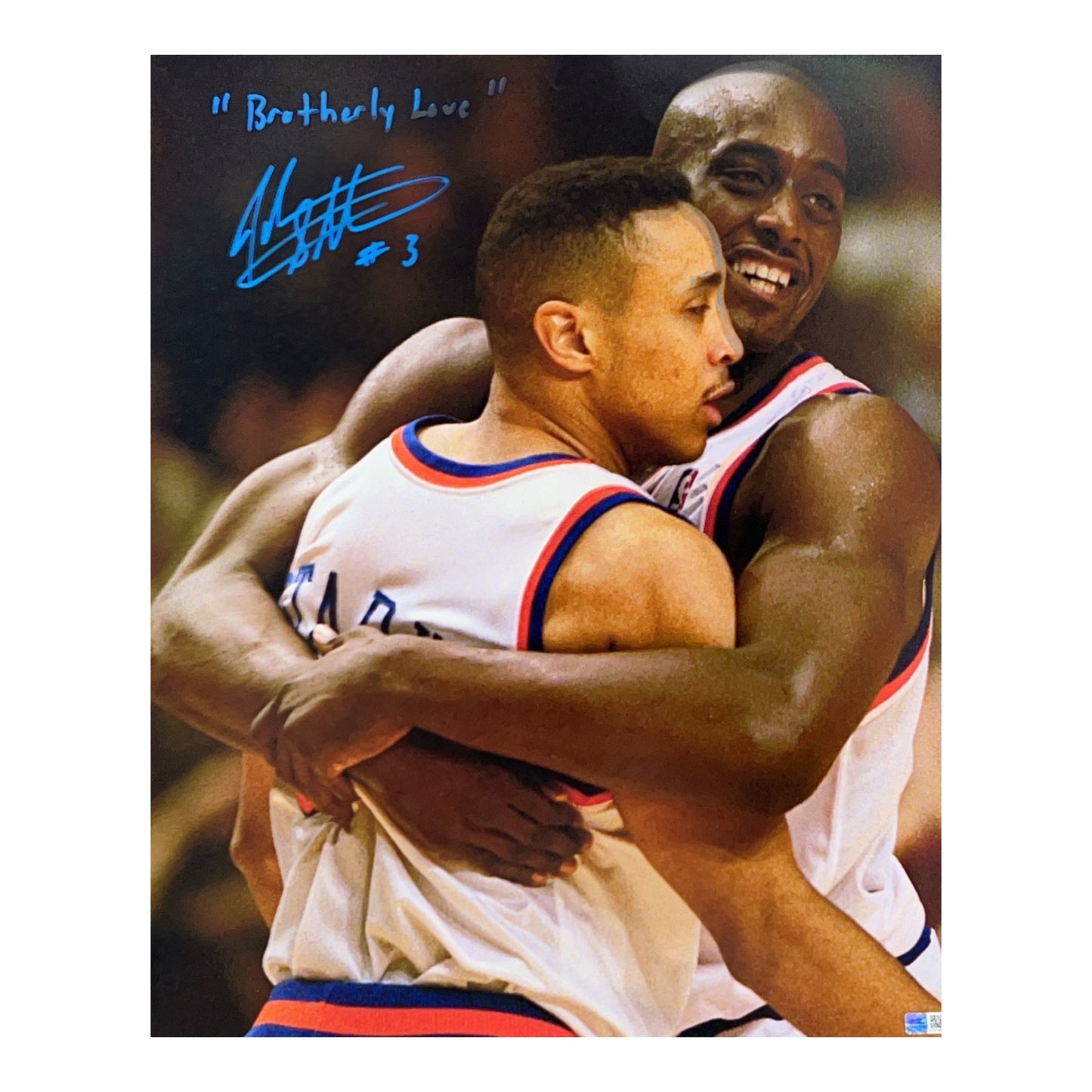 John Starks Autographed New York Knicks Anthony Mason Hug 16x20 Brotherly Love Inscription Steiner CX
