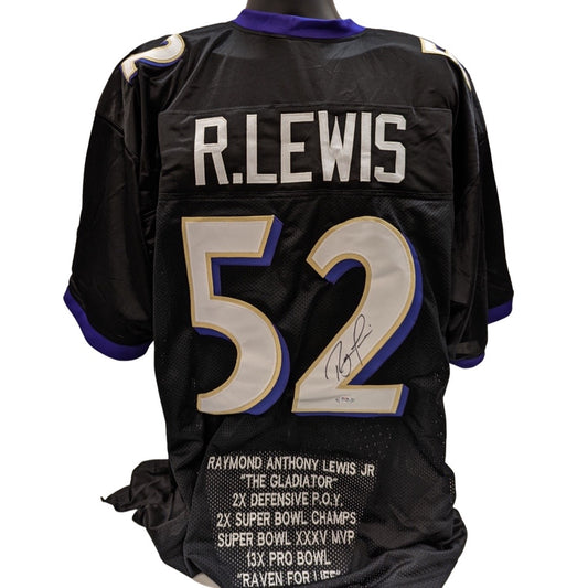 Ray Lewis Autographed Baltimore Ravens Black Stat Jersey PSA