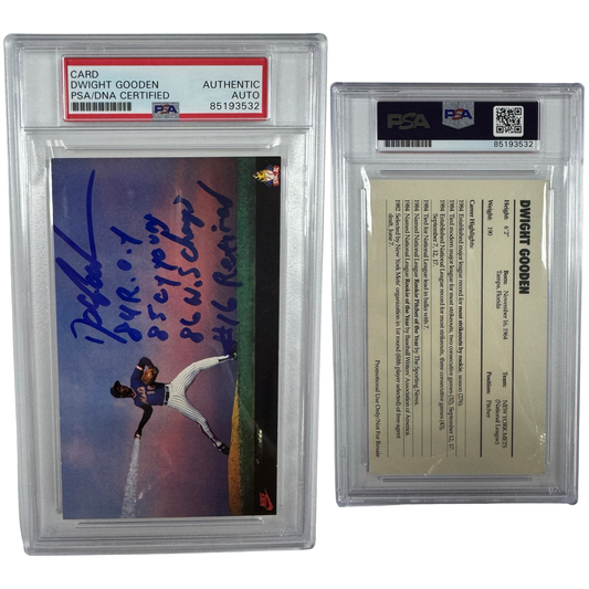 Dwight "Doc" Gooden Autographed Nike Header Dr. K Postcard "84 R.O.Y, 84 CY, 86 W.S. Champs, #16 Retired" Inscriptions PSA Auto Authentic