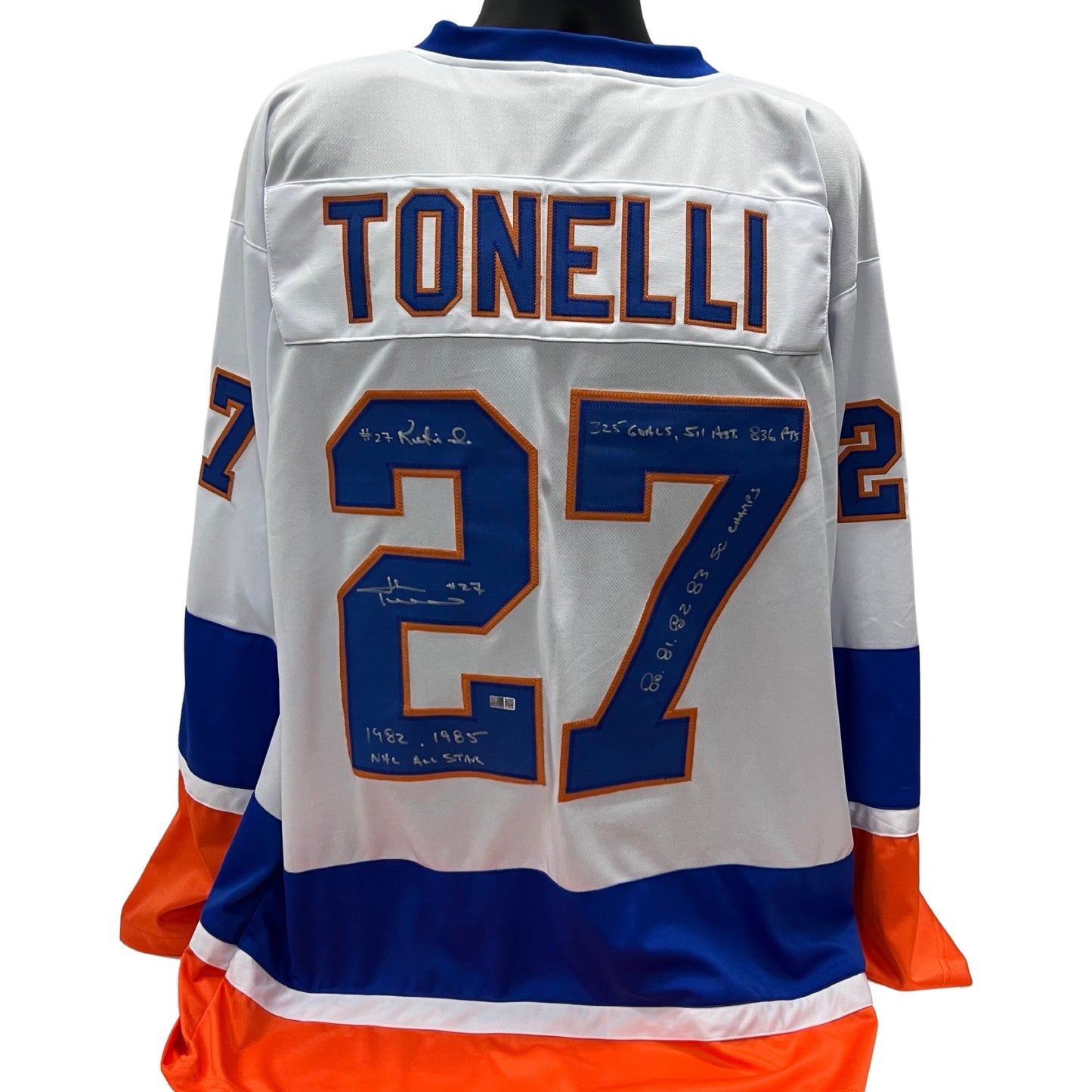 John Tonelli Autographed New York Islanders White Jersey "#27 Retired, 1982 1985 NHL All Star, 325 Goals 511 Assists 836 Points, 80 81 82 83 Champs" Inscriptions Steiner CX