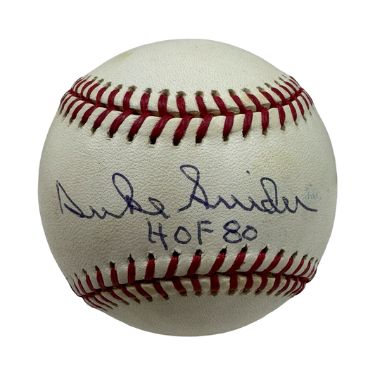 Duke Snider Autographed Brooklyn Dodgers Official National League Baseball HOF 80 Inscription JSA