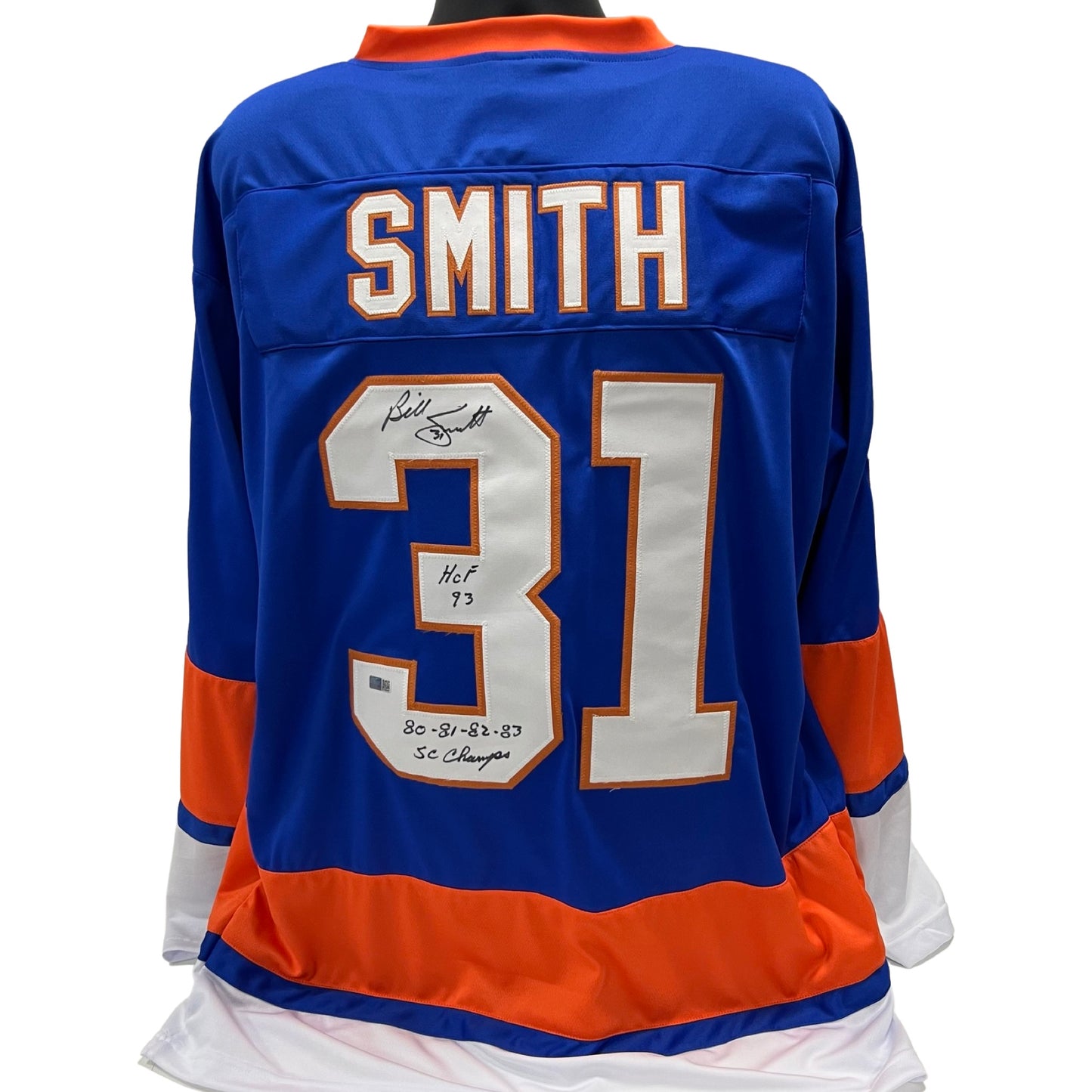 Billy Smith Autographed New York Islanders Blue Jersey "HOF 93, SC Champs 80 81 82 83" Inscriptions Steiner CX